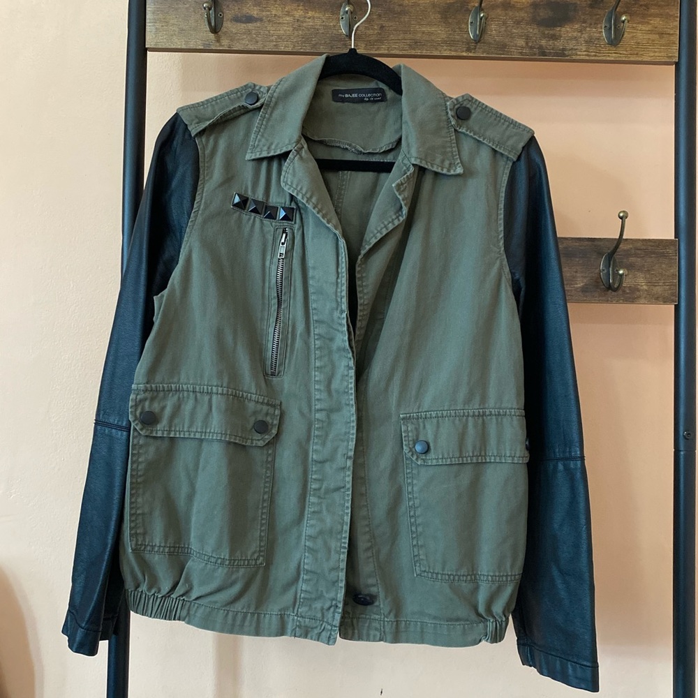 Bajee Collection Army Jacket with Faux Leather Sleeves